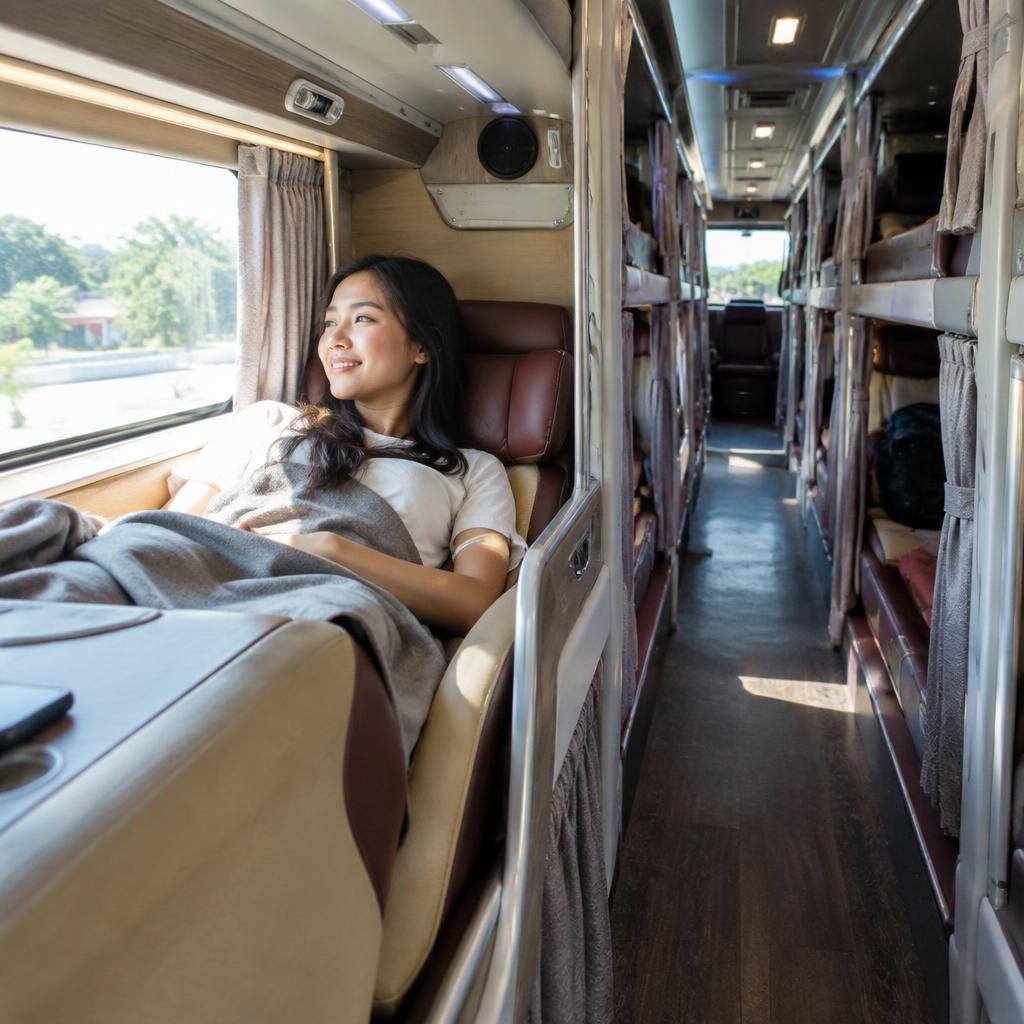 A comfortable interior of a modern Vietnamese sleeper bus, illustrating a great way to find cheap bus tickets Vietnam while enjoying the journey.