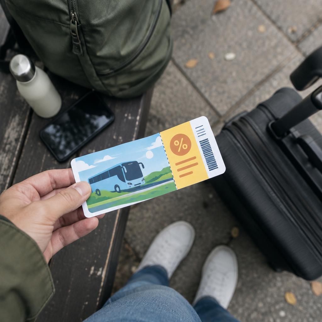 A traveler holding a bus ticket, featuring a graphic overlay of a promotional offer or discount, highlighting ways to find deals for cheap bus tickets Vietnam.