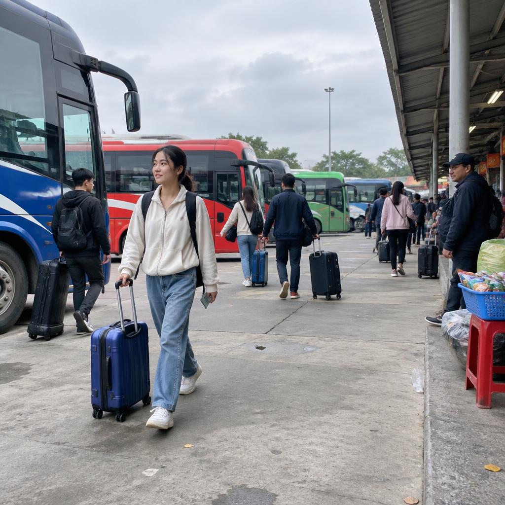 A bustling Vietnamese bus station with various buses awaiting passengers, indicating a hub for finding cheap bus tickets Vietnam to diverse destinations.