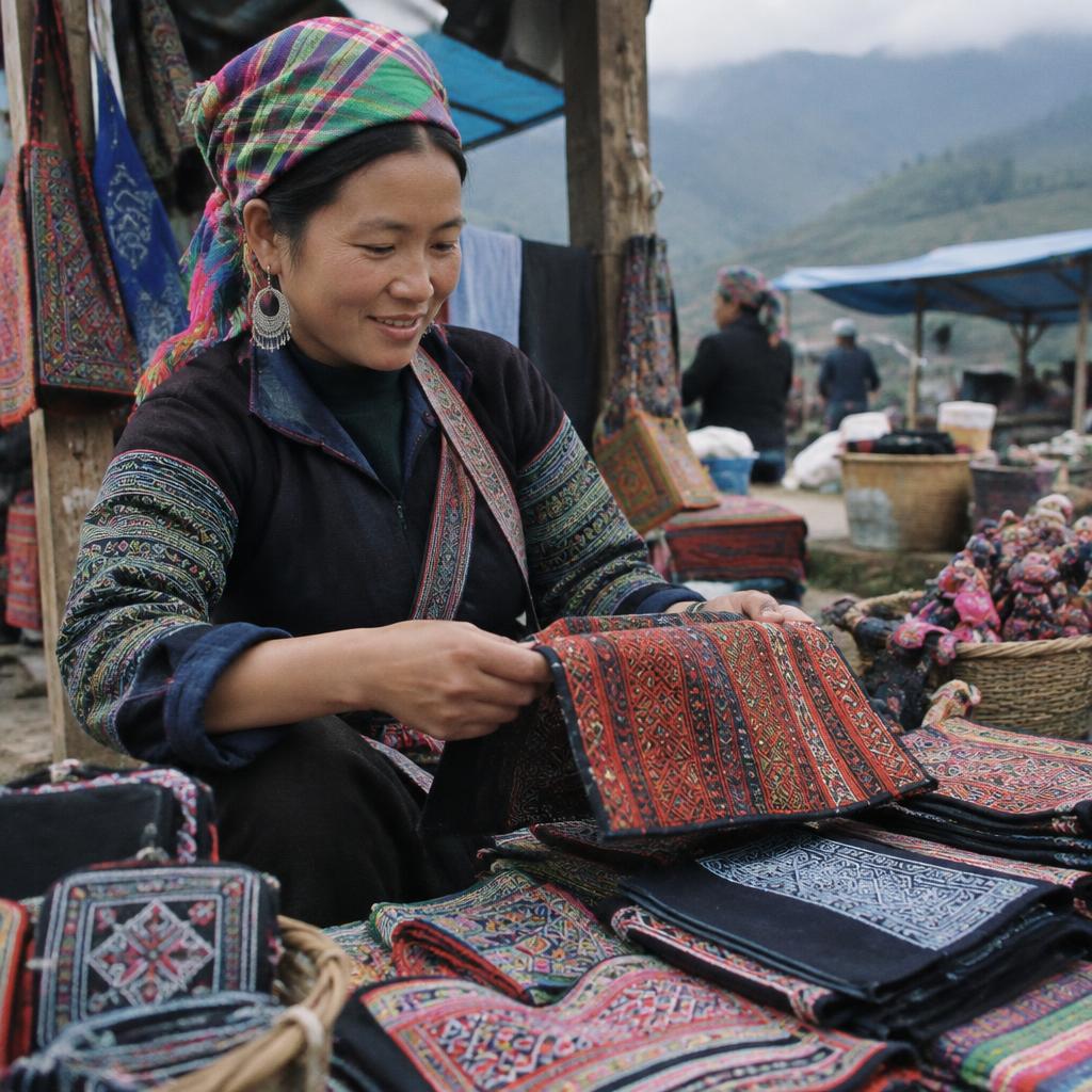 Vibrant display of local textiles and handicrafts at a traditional Sapa market, encouraging mindful shopping.