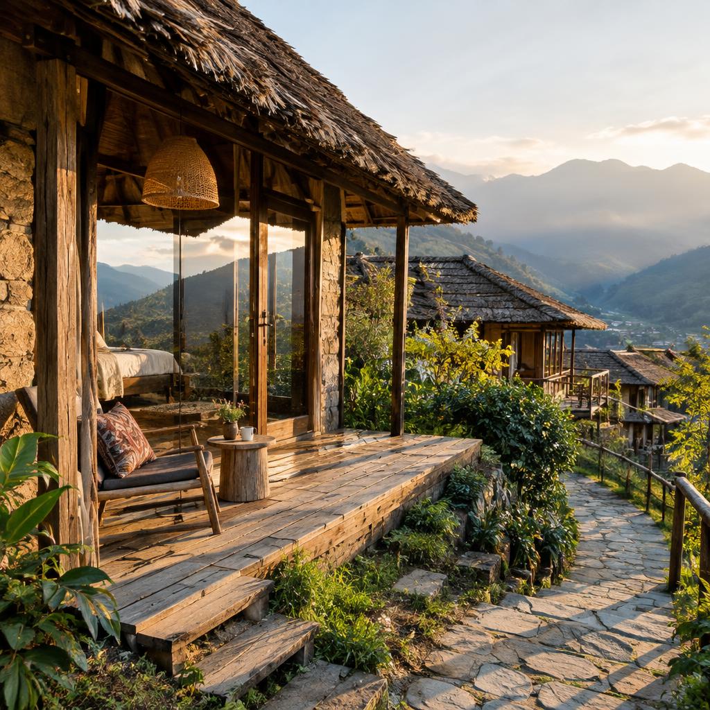 An eco-friendly lodge in Sapa, featuring traditional architecture blending with the natural landscape.