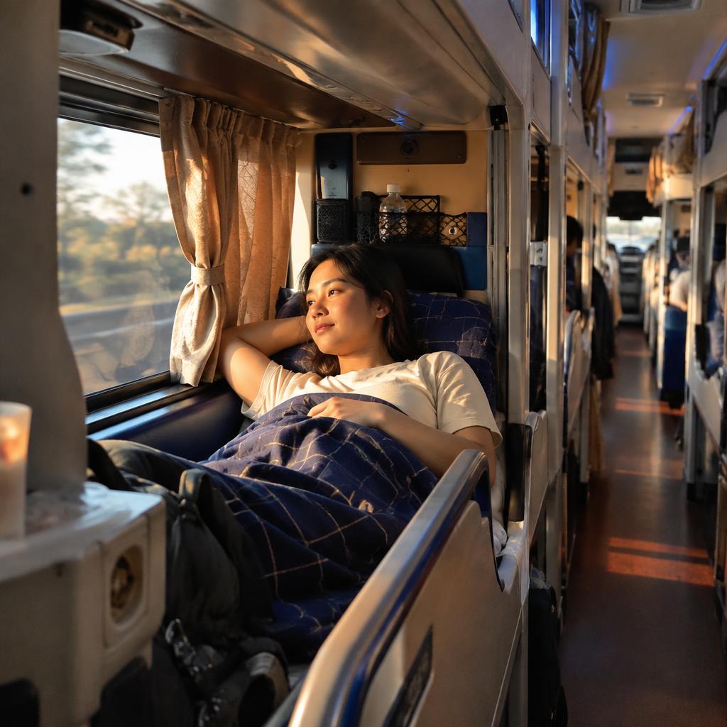 A clean and modern sleeper bus interior in Vietnam, showing comfortable berths, offering a glimpse into typical Vietnam bus travel in 2026.