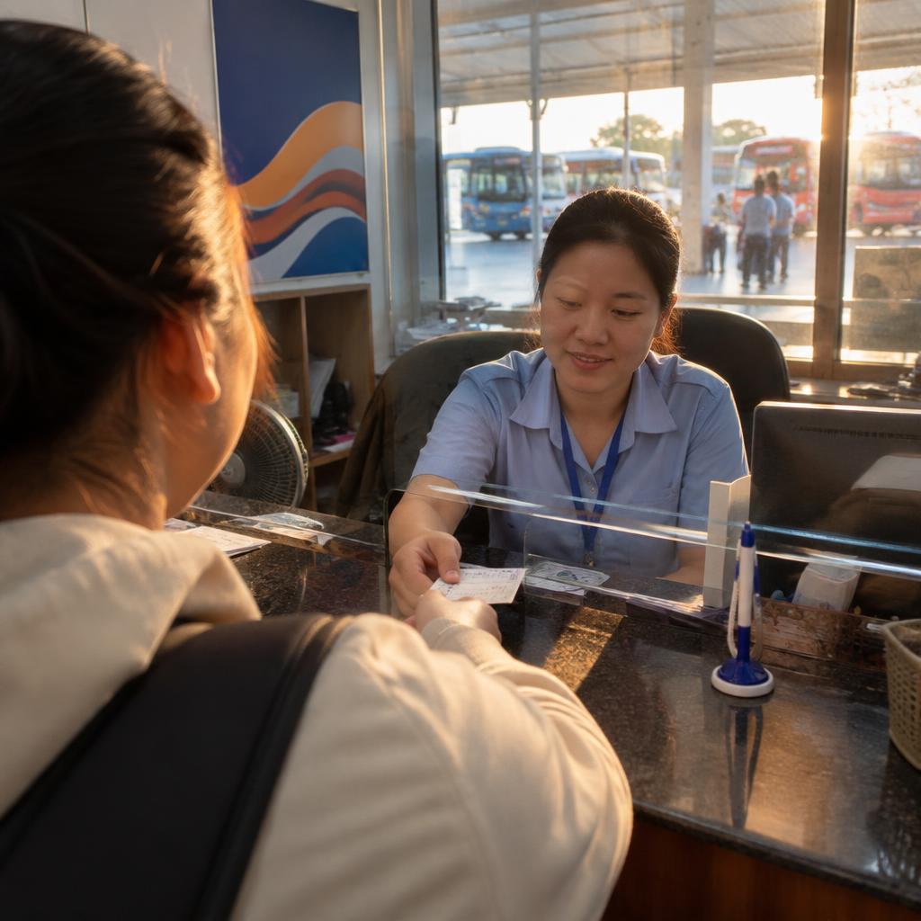 A bustling Vietnamese bus station ticket counter with a traveler purchasing a ticket, illustrating offline booking for Vietnam bus travel guide 2026.