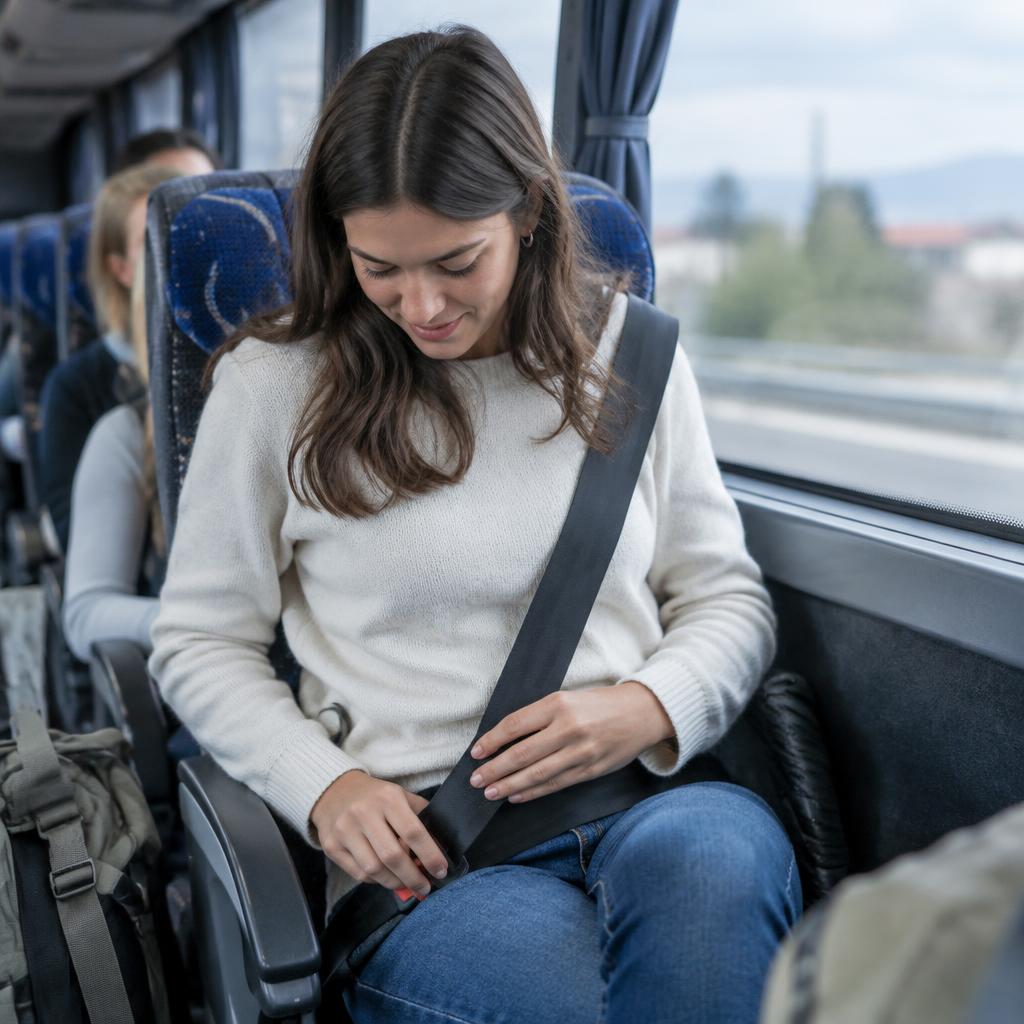 A traveler checking a seatbelt on a bus, emphasizing safety and comfort in this Vietnam bus travel guide 2026.