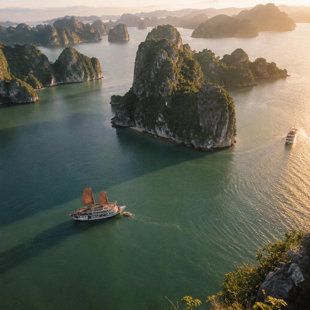 A traditional wooden boat cruising through the majestic limestone karsts of Ha Long Bay, a popular destination in many Vietnam tour packages.