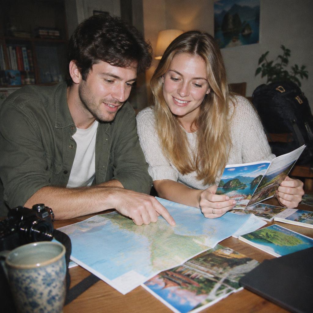 A smiling couple using a laptop to plan their Vietnam trip, researching tour packages and destinations, with a map and travel guides on the table.