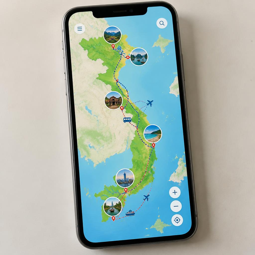 A digital map showing Vietnam travel updates and popular routes