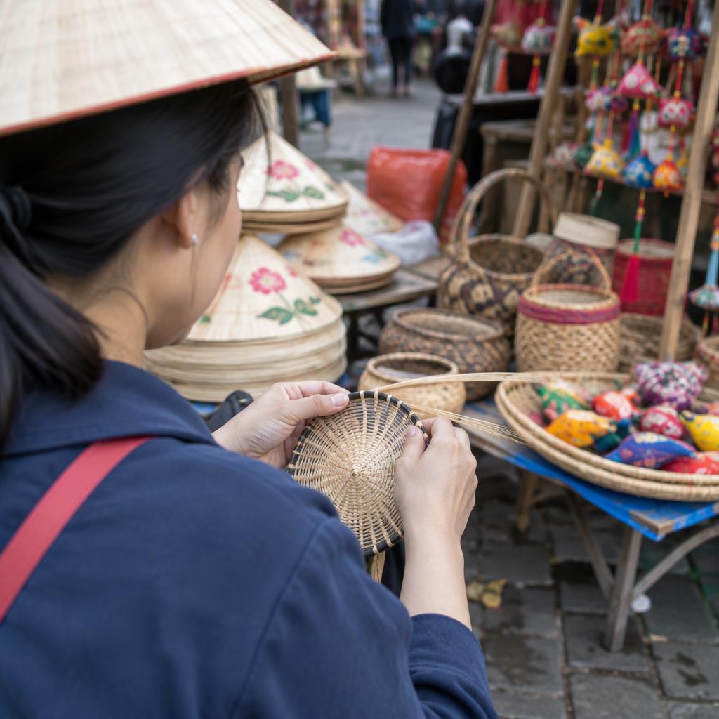 A bustling traditional Vietnamese craft market showcasing local artistry
