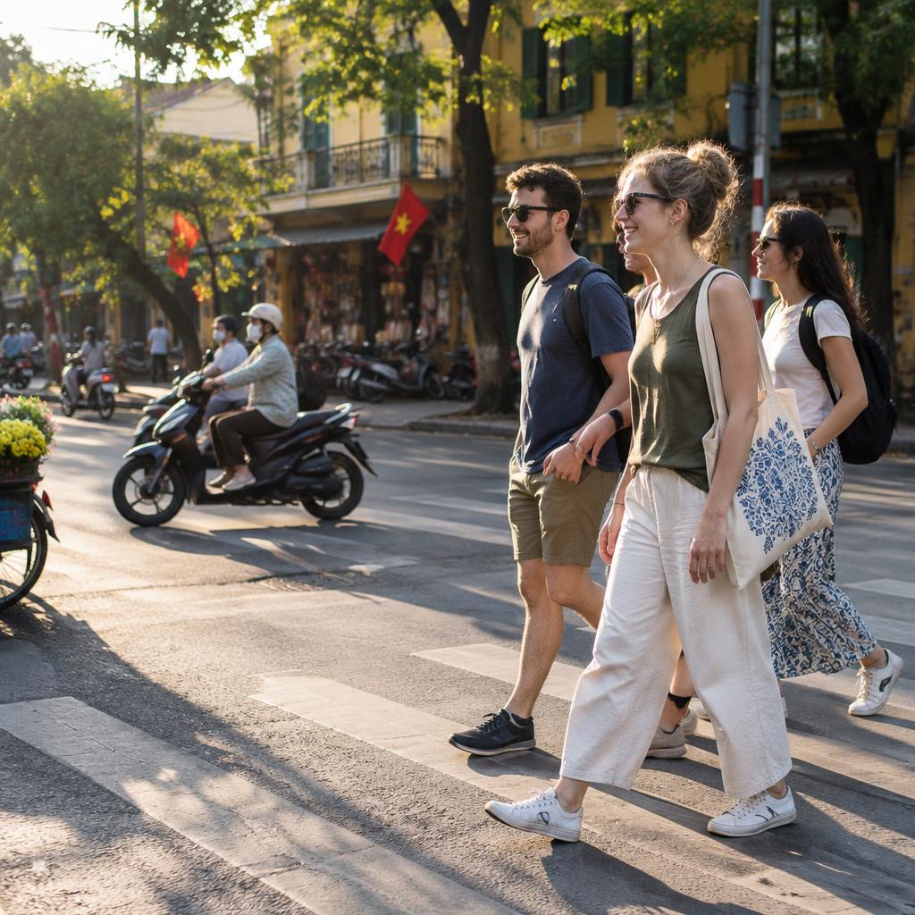 Tourists safely crossing a busy street in Hanoi, Vietnam